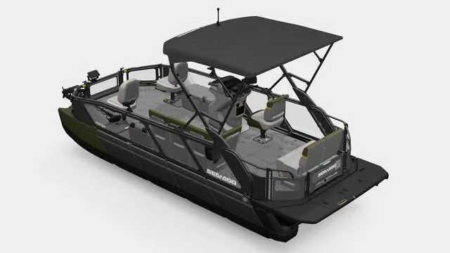 Slide: The Image of 2025 Sea-Doo Switch™ Fish 21 boat, 230 Hp, galvanized, with canopy and seating. - 2