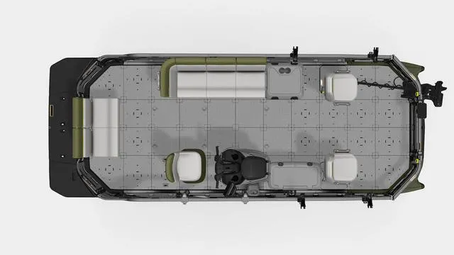 Slide: The Image of 2025 Sea-Doo Switch Fish 21 boat interior layout, featuring seating and steering console. - 3