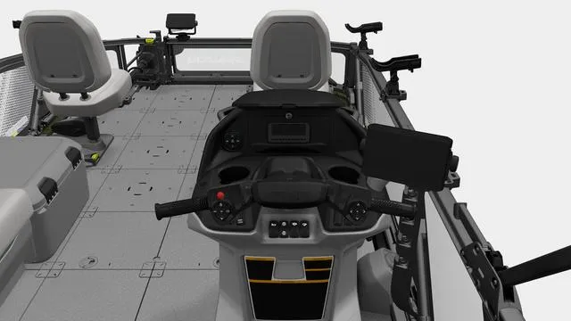 Slide: The Image of 2025 Sea-Doo Switch™ Fish 21 dashboard and seating area, featuring advanced controls and fishing equipment. - 4