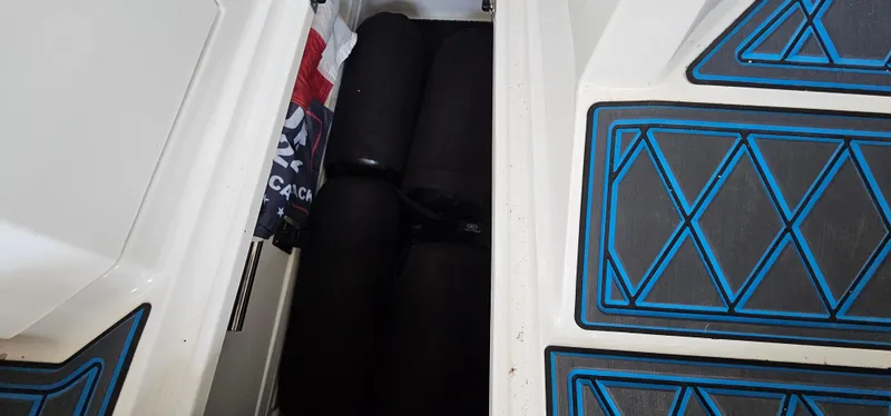Slide: The Image of 2022 Cobalt R6 boat storage compartment with black fenders and blue diamond-patterned flooring. - 35