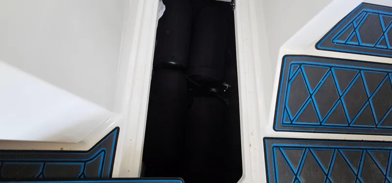 Slide: The Image of 2022 Cobalt R6 boat storage compartment with black fenders and blue-patterned flooring. - 36