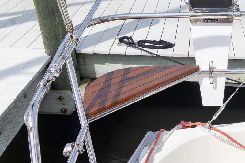 Slide: The Image of Sailboat stern with wooden step, docked; Hake Seaward 32 RK, 2011 model. - 15