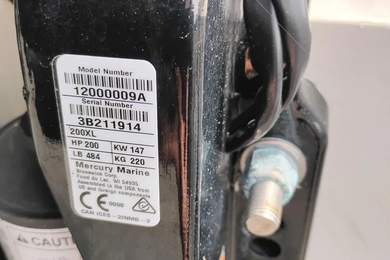 Slide: The Image of Label on Mercury Marine engine, model 200XL, for 1989 Boston Whaler 22 Renegade Cabin. - 7