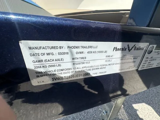 Slide: The Image of Label on a 2018 Formula 270 Bowrider trailer by Phoenix Trailers, showing manufacturing details. - 14