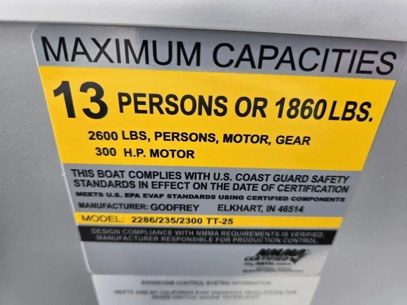 Slide: The Image of Capacity label for 2025 Godfrey Sweetwater 2286 FS, 13 persons or 1860 lbs, 300 HP motor. - 13