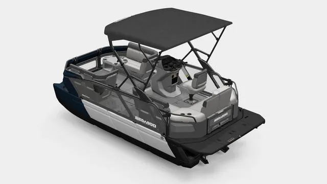 Slide: The Image of 2024 Sea-Doo Switch® Cruise 18 - 170 hp Galvanized pontoon boat with canopy and seating. - 2