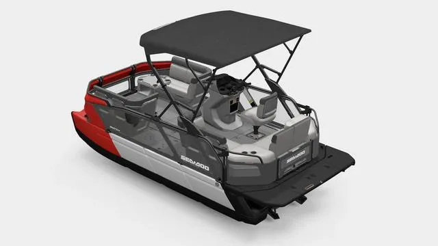 Slide: The Image of 2024 Sea-Doo Switch® Cruise 18, 230 hp, Galvanized, pontoon boat with canopy. - 2
