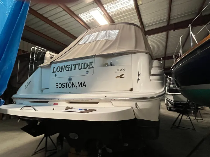 Slide: The Image of 1996 Sea Ray 330 Sundancer boat named "Longitude" in storage, Boston, MA. - 8