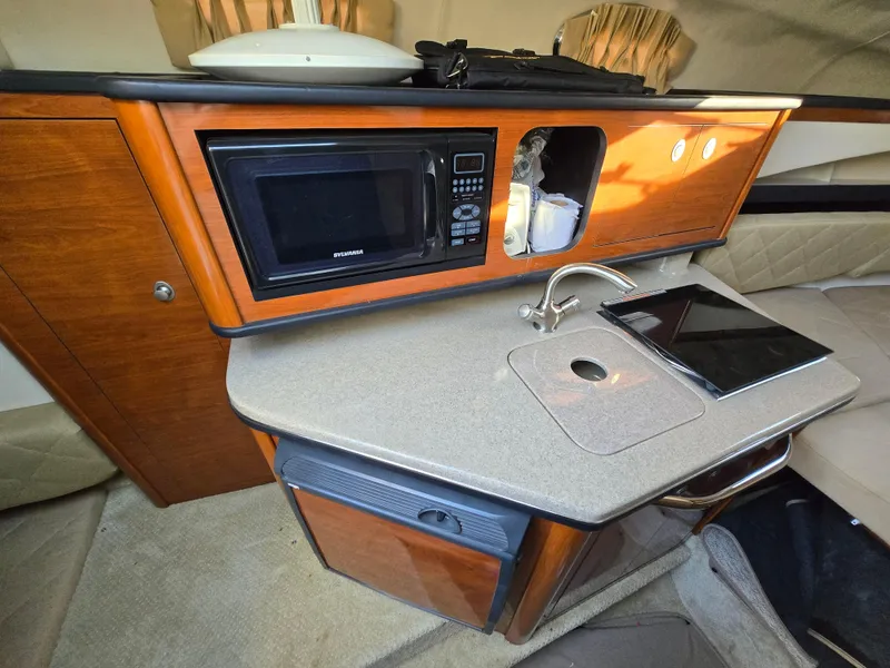 Slide: The Image of 2007 Sea Ray 260 Sundancer cabin with kitchenette, microwave, sink, and storage. - 9