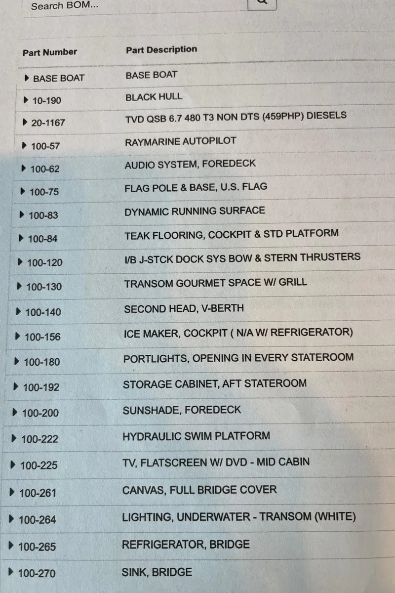 Slide: The Image of 2017 Sea Ray Fly 400 parts list, including black hull, audio system, and hydraulic swim platform. - 59