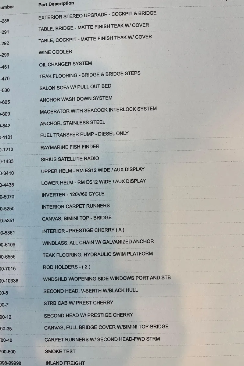 Slide: The Image of 2017 Sea Ray Fly 400 parts list with features like teak flooring, wine cooler, and radar system. - 60