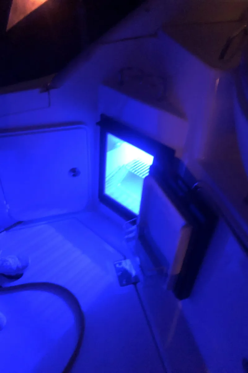 Slide: The Image of 2006 Regal 3060 Window Express interior with blue lighting and open mini fridge. - 8