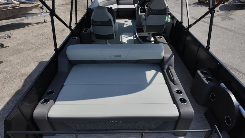 Slide: The Image of 2025 Viaggio Z22S boat interior with seating and cup holders, showcasing modern design. - 29