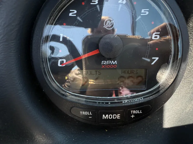 Slide: The Image of Close-up of a 2016 Yar-Craft 209TFX tachometer displaying RPM and digital readout. - 19