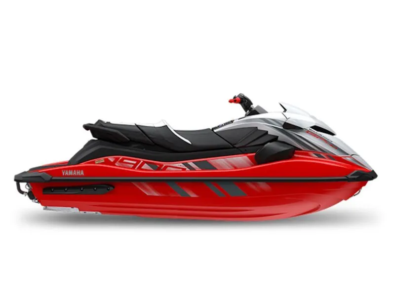 Slide: The Image of 2025 Yamaha WaveRunner GP HO™ with Audio, red and black design, side view. - 3