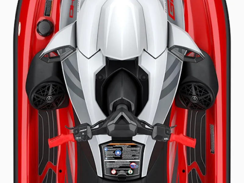 Slide: The Image of 2025 Yamaha WaveRunner GP HO™ with Audio, top view, red and white design, advanced features. - 4