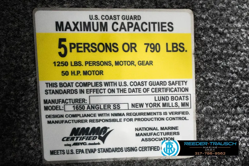 Slide: The Image of U.S. Coast Guard capacity label for 2021 Lund 1650 ANG SS boat, 5 persons or 790 lbs. - 49