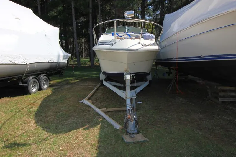 Slide: The Image of 1981 Sea Ray 245 SRV boat on trailer, parked outdoors between covered boats. - 3