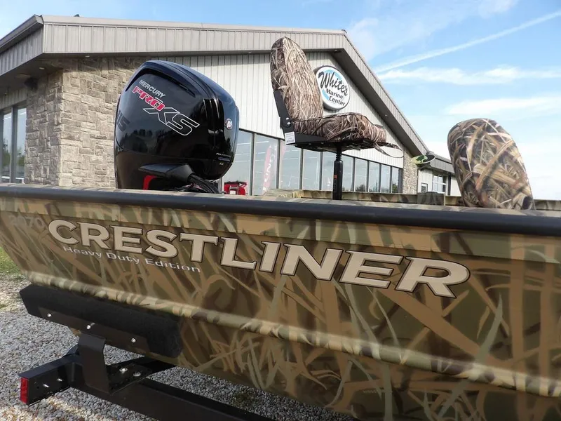 Slide: The Image of 2025 Crestliner 2070 Retriever SCHD boat with camouflage design and powerful outboard motor. - 35