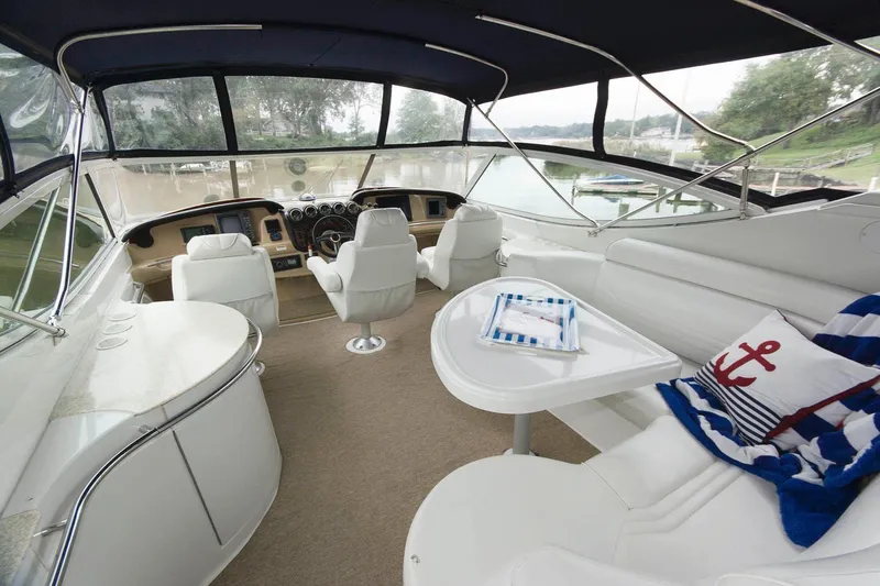 Slide: The Image of 2001 Carver 466 Motor Yacht interior with helm, seating, and nautical-themed decor. - 14