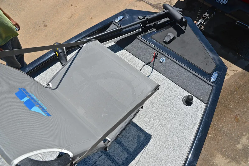 Slide: The Image of 2023 Bass Tracker Pro 170 boat deck with seat and trolling motor. - 26