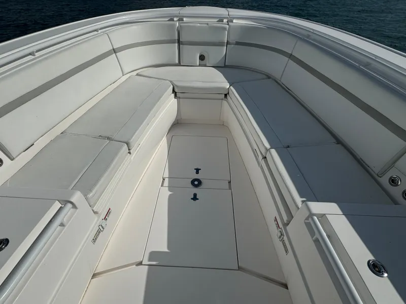 Slide: The Image of 2016 Intrepid 375 CC boat interior with spacious seating and sleek design. - 39