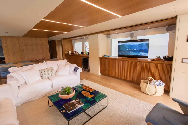 Slide: The Image of Luxurious interior of 2027 Inace Explora 90 yacht with modern decor and entertainment system. - 21