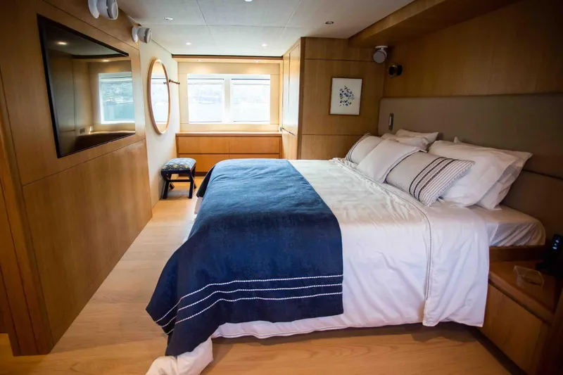 Slide: The Image of Luxurious bedroom interior of 2027 Inace Explora 90 yacht with modern design and cozy bedding. - 37