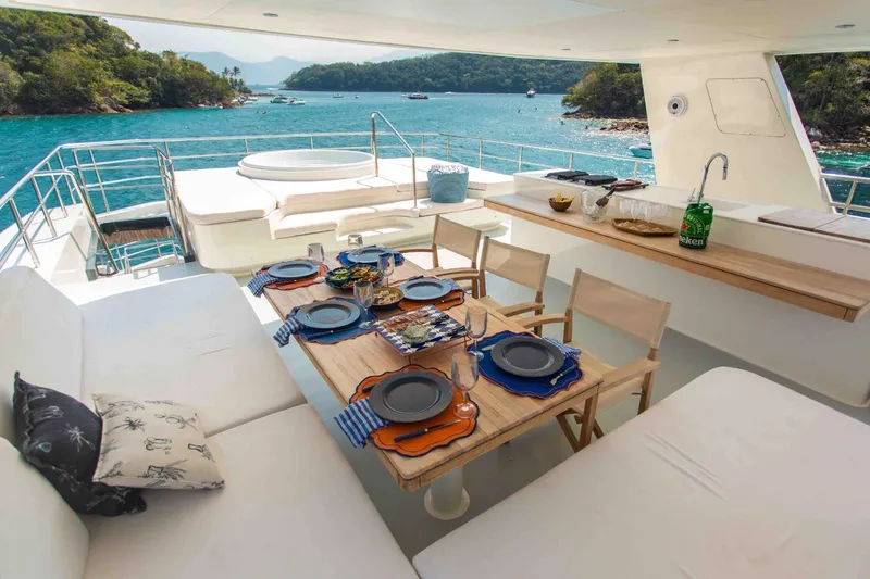 Slide: The Image of Luxurious Inace Explora 90 yacht deck with dining area, ocean view, and jacuzzi, 2027 model. - 7