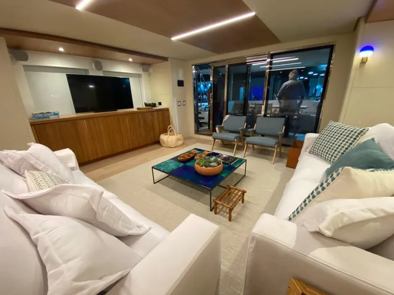 Slide: The Image of Luxurious interior of 2027 Inace Explora 90 yacht with modern furnishings and elegant decor. - 20