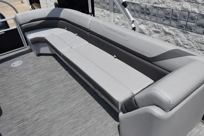 Slide: The Image of 2022 Bennington SX 23 Stern Lounge with sleek gray seating and modern design. - 11