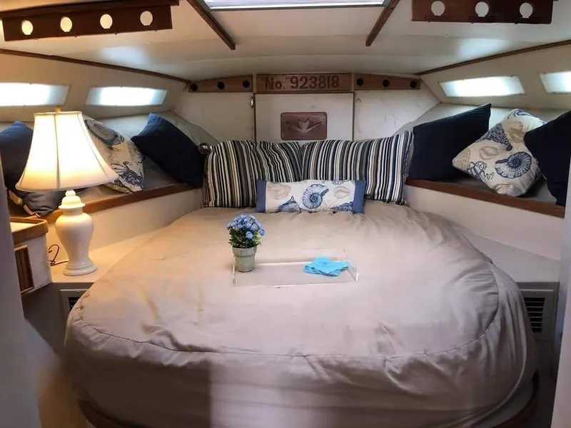 Slide: The Image of Cozy cabin interior of 1988 Bertram 37 Convertible with plush bedding and decorative pillows. - 14