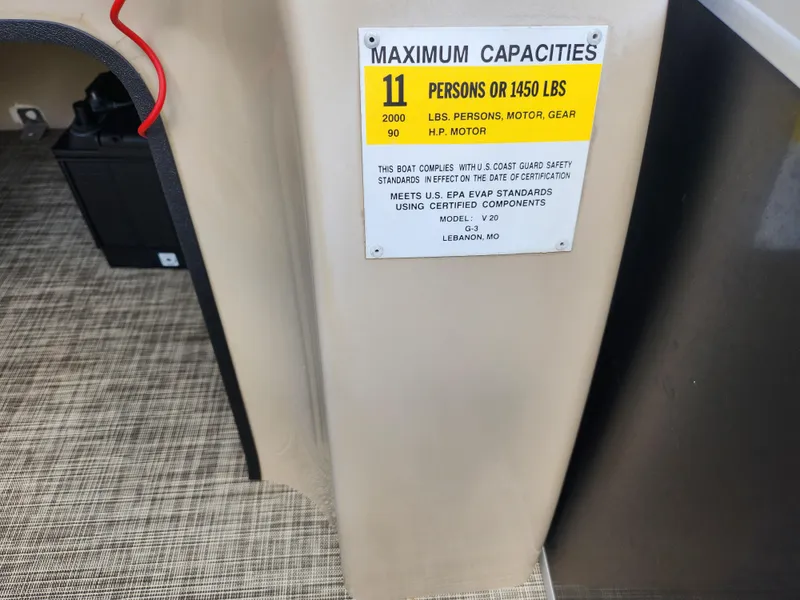 Slide: The Image of 2016 SunCatcher V20 Fish & Cruise capacity label, 11 persons or 1450 lbs limit. - 13
