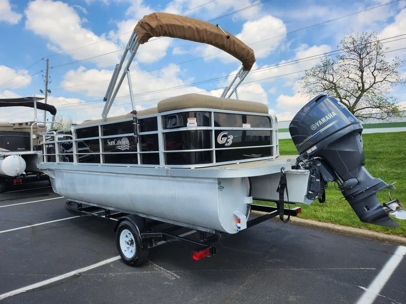 Slide: The Image of 2016 SunCatcher V20 Fish & Cruise pontoon boat with Yamaha outboard motor on trailer. - 3