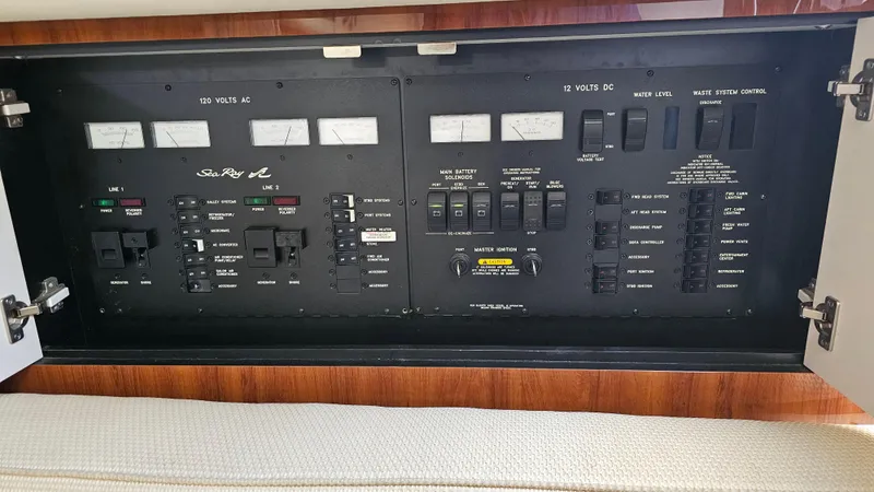 Slide: The Image of Electrical control panel of a 2003 Sea Ray 410 Express Cruiser yacht. - 34