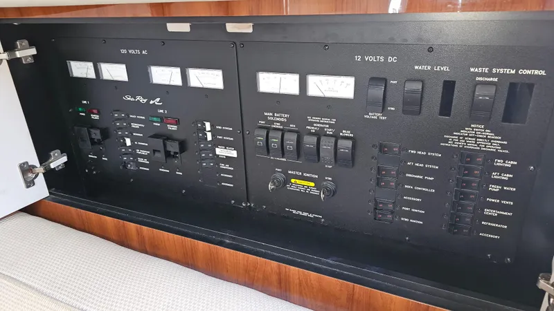 Slide: The Image of Electrical control panel of a 2003 Sea Ray 410 Express Cruiser yacht. - 35