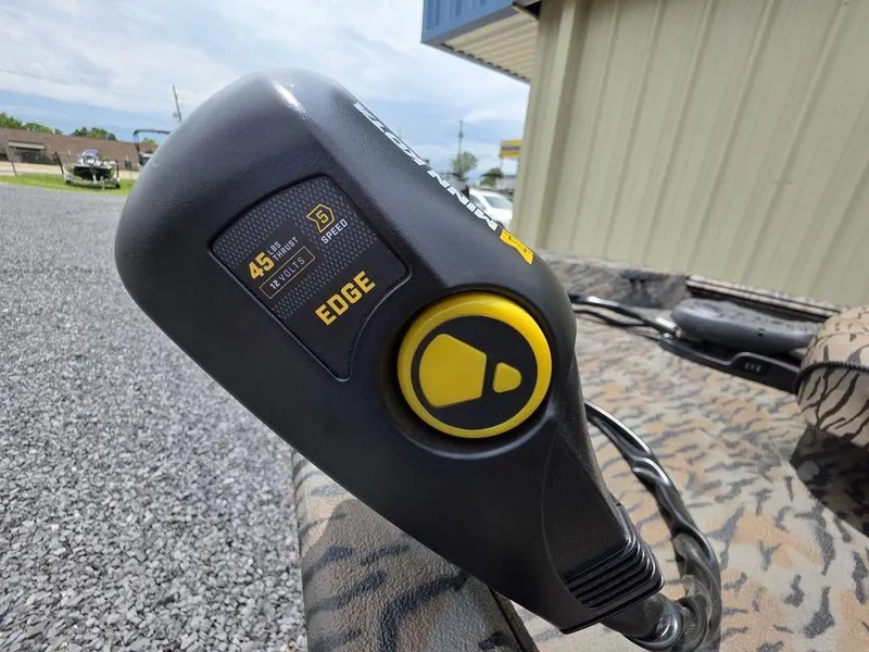 Slide: The Image of Trolling motor control on Xpress XP180 boat, 2025 model, featuring 45-pound thrust and 5-speed settings. - 8