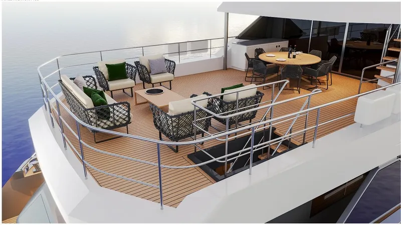 Slide: The Image of Luxurious deck of 2027 Inace AVENTURA 106 yacht with elegant seating and dining area. - 17