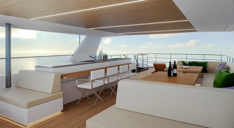 Slide: The Image of Luxurious Inace AVENTURA 106 yacht deck with seating, bar, and ocean view, 2027 model. - 20