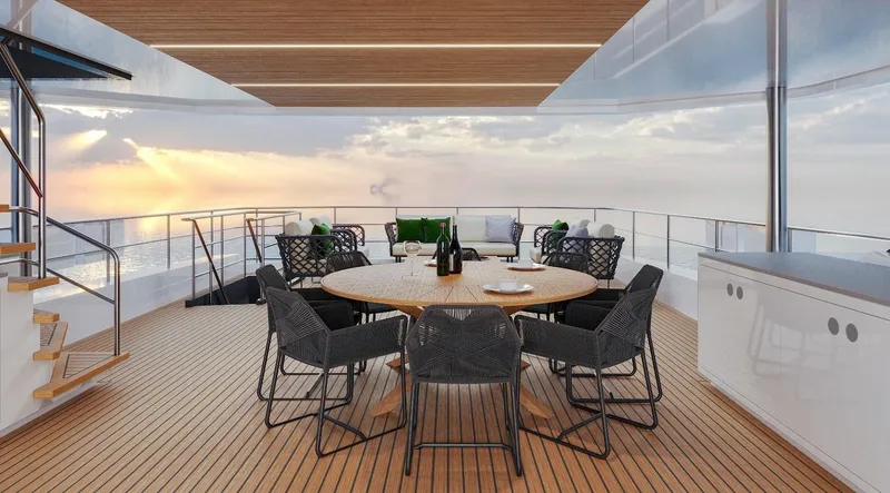 Slide: The Image of Luxurious deck of 2027 Inace AVENTURA 106 yacht with ocean view and elegant seating. - 19