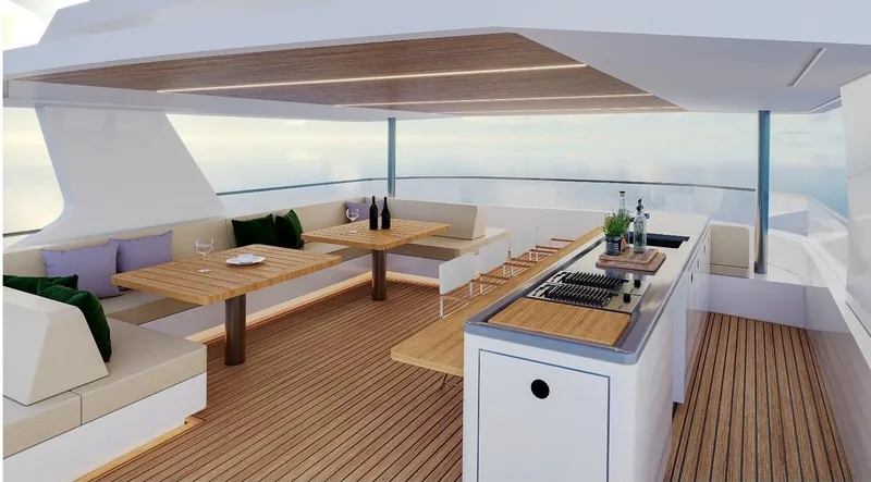 Slide: The Image of Luxurious 2027 Inace AVENTURA 106 yacht interior with modern dining and kitchen area. - 22