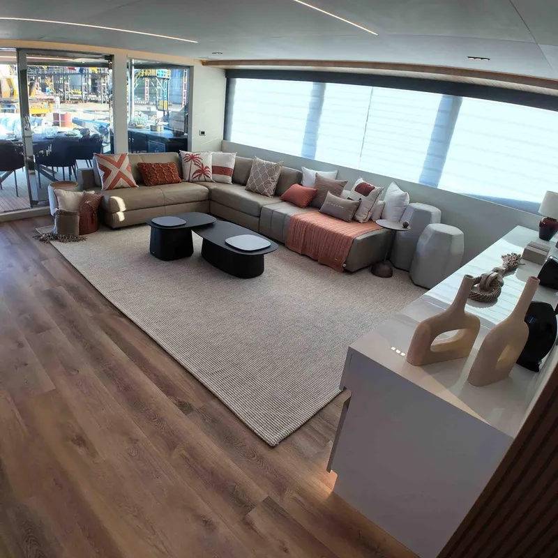 Slide: The Image of Luxurious interior of 2027 Inace AVENTURA 106 yacht with modern decor and spacious seating. - 5