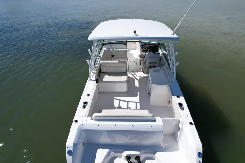 Slide: The Image of 2017 Boston Whaler 270 Vantage boat on calm water, aerial view. - 8