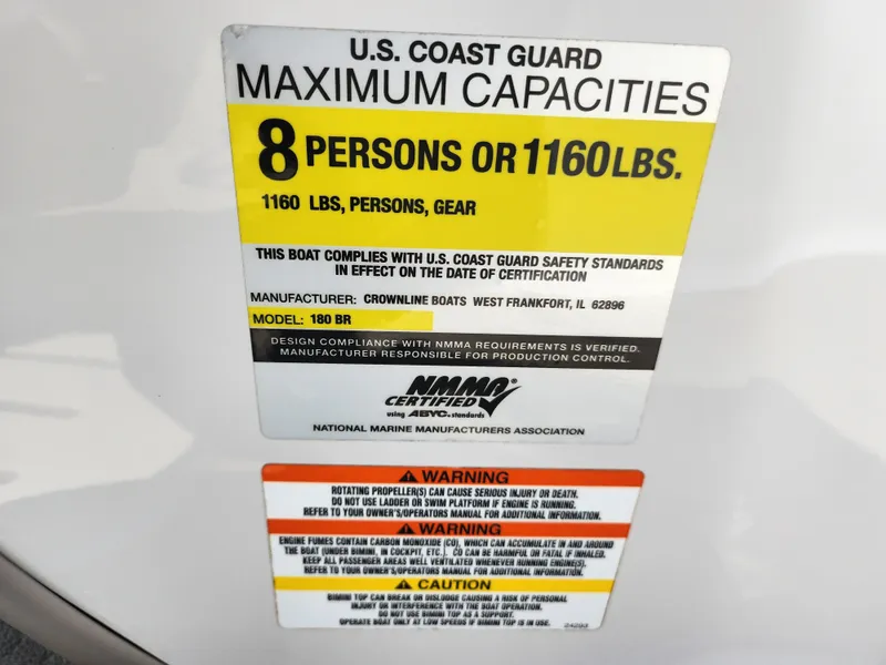 Slide: The Image of U.S. Coast Guard capacity label for 2008 Crownline 180 BR, 8 persons or 1160 lbs. - 16