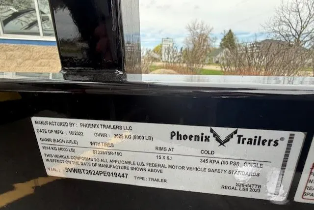 Slide: The Image of Label on Phoenix Trailers LLC, Regal LS6 2023, showing specifications and manufacturing details. - 46