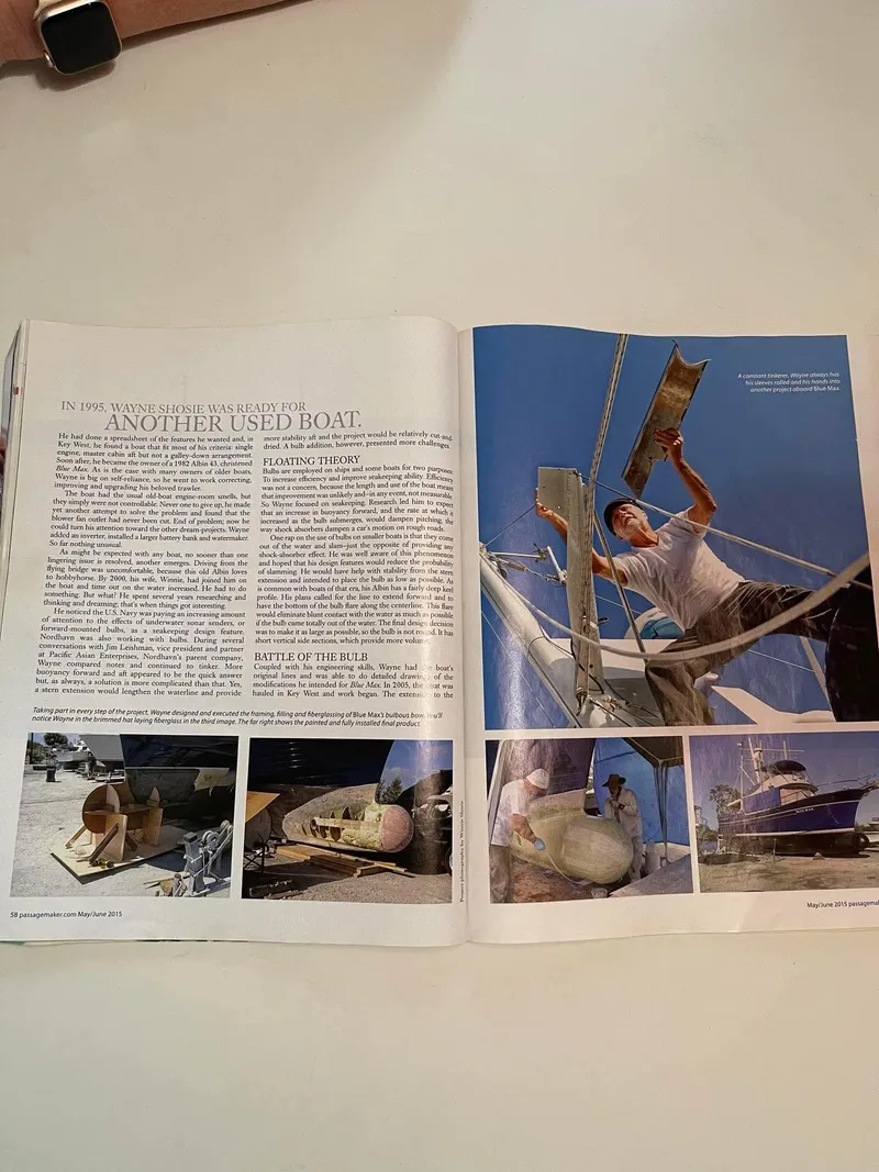 Slide: The Image of Magazine spread featuring a 1981 Albin 45 Command Bridge boat with maintenance images. - 17
