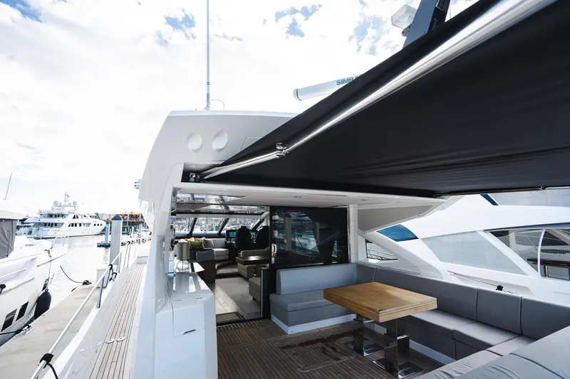 Slide: The Image of Sunseeker 74 Predator 2020 yacht with sleek deck, modern seating, and retractable awning. - 6