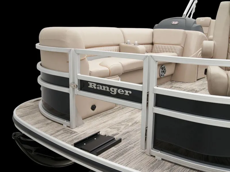 Slide: The Image of 2024 Ranger 220FC boat interior with beige seating and sleek railing design. - 18