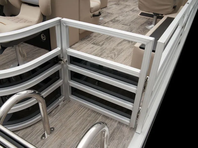 Slide: The Image of 2024 Ranger 220FC boat interior with open gate and seating. - 19