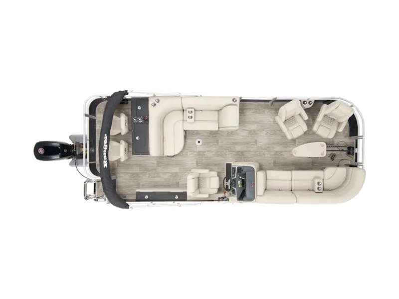 Slide: The Image of 2024 Ranger 220FC pontoon boat, top view, spacious seating, modern design. - 3
